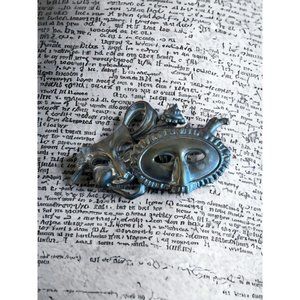 Masquerade COMEDY MASK & Eye Mask BROOCH PIN LAPEL SCARF DESIGNER GOLD TONE